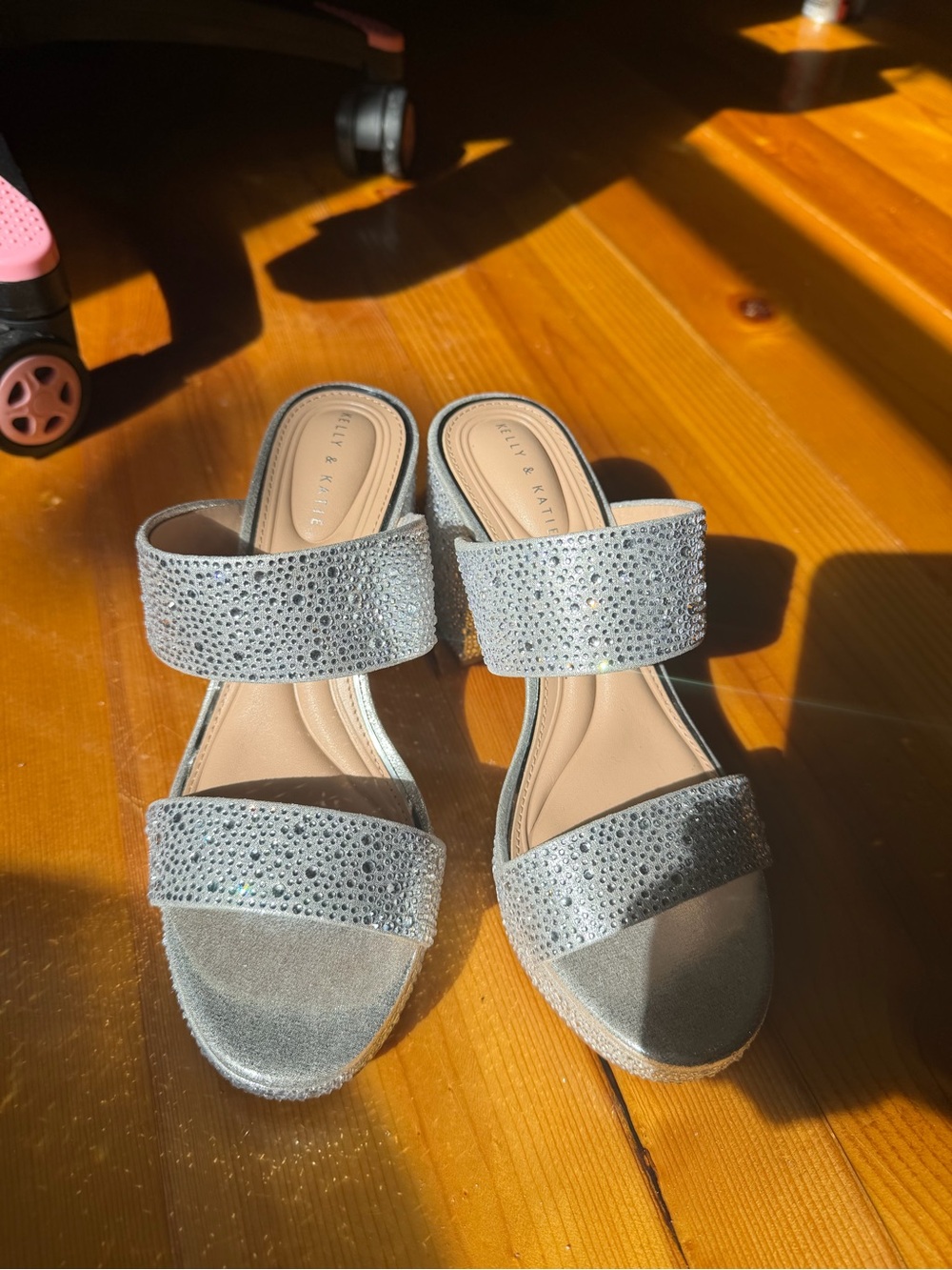 Kelly & Katie Silver Rhinestone Double-Strap Block Heel Sandals